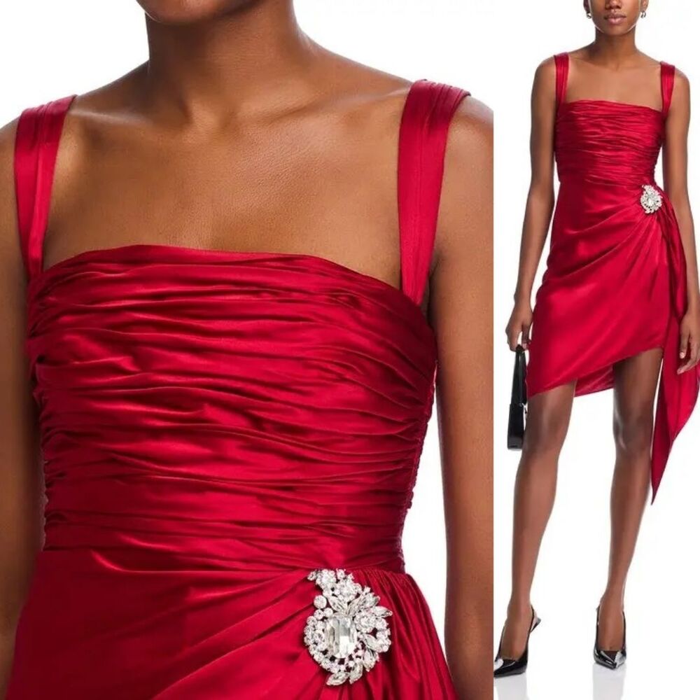 CINQ A SEPT Tate Asymmetric Hem Red Silk Mini Dress - Picture 6 of 12
